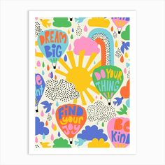 an art print with the words dream big and balloons in different colors, on a white background