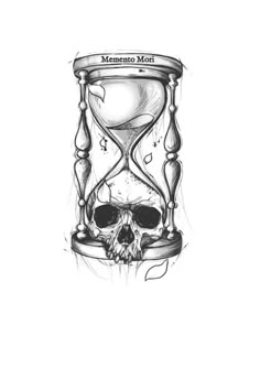 a drawing of an hourglass with a skull inside