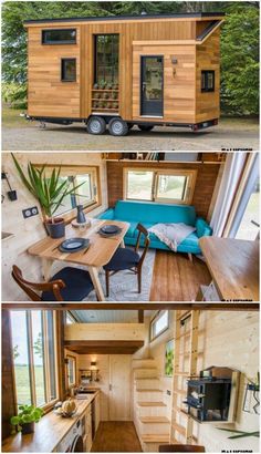 the tiny house is made from wood and has stairs leading up to it's loft