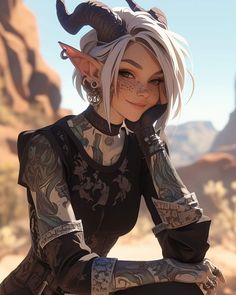 an animated woman with horns and piercings sitting on a rock looking at the camera