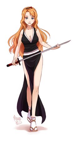 a woman in a black dress holding two swords