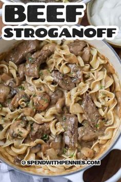 beef stroganoni in a skillet with text overlay