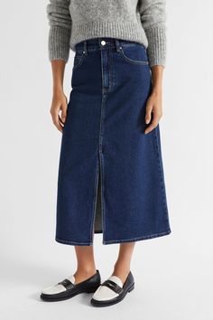 Denim Flared Midi Skirt Night Blue Denim Flared Midi Skirt, Brushed Gold Hardware, Midi Flare Skirt, Autumn Wardrobe, Denim Flares, Fall Wardrobe