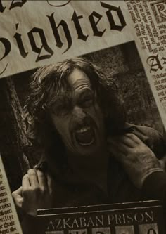 a man is screaming in front of a newspaper with the caption's name on it