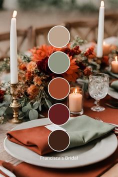 the table is set with candles, plates and napkins for an elegant fall wedding