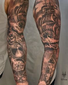 two men with tattoos on their arms and legs, both have ships in the ocean