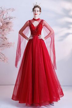 Shop beautiful red tulle long prom dress with sequin cape online. Sheprom offers formal, party, casual & more style dresses to fit your special occasions. Prom Dresses Long Princesses, Cute Prom Dresses Long, Prom Dress With Shawl, Dress With Corset Top, Tulle Long Prom Dress, Sequin Cape, Red Wedding Dress, Tulle Party Dress, Dress With Corset