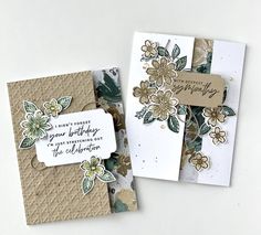 two handmade cards with flowers on them, one is brown and the other is white