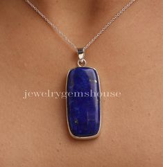 Lapis Lazuli Pendant, 925 Sterling Silver Pendant, Rectangle Shape Pendant, Handmade Jewelry, Women Necklace, Boho Pendant, Gift for Her. Gemstone Name- Lapis Lazuli Stone quality - AAA Pendant Size - L-4.9 cm, W- 1.8 cm  Weight- 11 grams Stone Shape - As shown in the picture The Height of the pendant including the loop is 4.9 cm  18 inch Chain - The total length of the chain is 18 inch including a 2-inch adjustable chain. So you can adjust the chain from 16 inches to 18 inches. You adjust the chain by placing the lock on the adjustable chain as per your requirement. The motive of adding a 2 inch adjustable is to give our buyers an option to flaunt with different pendants in different ways. Chain Weight - 3 grams  The Pendant and the chain are stamped 925 which shows that the product is ge Nickel-free Oblong Sterling Silver Jewelry, Minimalist Rectangular 925 Stamped Jewelry, Classic Sterling Silver Oblong Jewelry, Classic Blue Rectangular Necklace, Spiritual Sterling Silver Rectangular Jewelry, Silver Oblong Jewelry Gift, Blue Rectangular Spiritual Jewelry, Spiritual Blue Rectangular Jewelry, Sterling Silver Rectangular Pendant Jewelry Gift