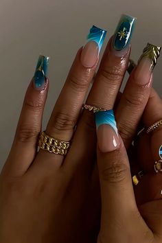 Birthday Nail Set Ideas December, Blue Almond Acrylic Nails, Jel Nails, Jamaica Nails, Blue Gold Nails, Quinceanera Nails, December Nails, Golden Nails, Blue Acrylic Nails