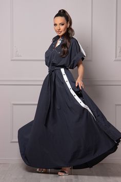 This flare maxi dress flows like a dream down to the floor with a stylish casual blue dress with short sleeves. It's a perfect pick for those evening parties or every day. This breathable dress is just perfect for spring and summer!! There are side deep slits with a button that you can unbutton for more flair.  KEY FEATURES: - Fit & flare, floor-length - Side slits with buttons on the skirt and the top - Bust pockets - Elastic waistband - Long Belt - Snap Rivet Button IMPORTANT: All colors going Navy Short Sleeve Maxi Dress For Spring, Navy Maxi Dress With Short Sleeves For Spring, Navy Casual Maxi Dress, Military Style Dress, Multiway Dress, Dress With Collar, Athleisure Style, Athleisure Dress, Dress Modern