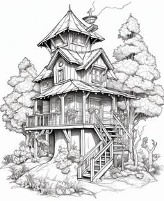 a drawing of a house in the woods with stairs leading up to it and trees around