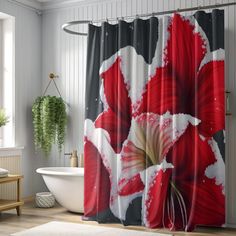 a red flower shower curtain in a bathroom