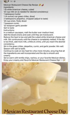 the recipe for mexican restaurant cheese dip is shown