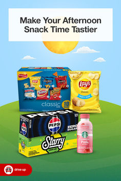 an advertisement with snacks and drinks on it