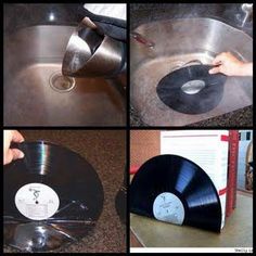 four pictures of different types of records being washed in a sink with water running from the faucet