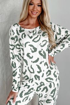 95% POLYESTER, 5% SPANDEX Model Wearing Size Small Color: Sage, Ivory Soft Knit Material Animal Print Comes As A Set: Top & Bottoms Top: Wide Neckline, Dolman Sleeves, Relaxed Fit Bottoms: Elastic Waistband, Wide Leg, Relaxed Fit Both Pieces Have Stretch Top: 16" Armpit To Sleeve End, 14" Armpit To Hemline Bottoms: 12" High Rise, 29" Inseam For Model Size Specs Please Check Size Charts Launched: 2/1/24 Luxe Loungewear, Leopard Animal, Stretch Top, Loungewear Set, Size Charts, Swimwear Accessories, Blazer Coat, 8 M, Skirt Top