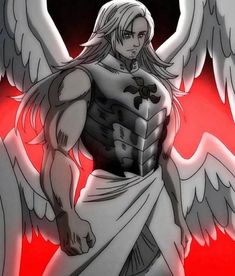 an anime character with white hair and angel wings on his chest, standing in front of a red background