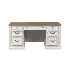 an antique white desk with drawers and wooden top, on a white background the table is made from wood