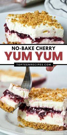 no - bake cherry yum ice cream dessert on a plate with a fork