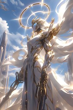 a futuristic woman standing in the middle of a blue sky with white swirls around her