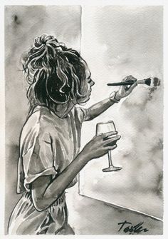 a black and white drawing of a person holding a wine glass in front of a mirror