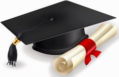 a graduation cap and tassel with a red ribbon on it, sitting next to a diploma