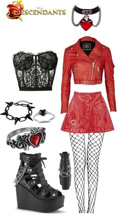 Descendants Style Outfit, Red Outfit Descendants, Lizzie Hearts Aesthetic Outfits, Modern Queen Of Hearts Outfit, Descendants Inspired Outfits Red, Queen Of Hearts Outfit Inspiration, Red Descendants Outfits, Descendants Outfit Ideas Red, Decendants Oc Outfits