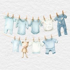 a watercolor painting of baby clothes and a teddy bear hanging on a clothes line