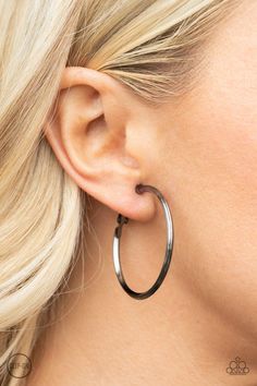 Etched in fine lines, a beveled gunmetal hoop curls around the ear for a classic look. Hoop measures approximately 1 1/2" in diameter. Earring attaches to a standard clip-on fitting. Sold as one pair of clip-on earrings. Paparazzi Jewelry Images, Black Hoops Earrings, Classic Earrings, The Ear, Paparazzi Accessories, Black Earrings, Classic Gold, Paparazzi Jewelry, Brass Earrings