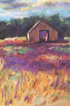 an oil painting of a barn in the middle of a field with purple and yellow flowers