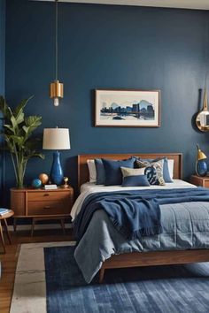 a bedroom with blue walls and wooden furniture