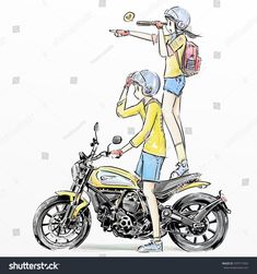 two people riding on the back of a motorcycle and one is holding a baseball bat