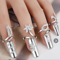 4 Pcs Fashion Nail Ring Standard Silver Olor Fashion Fine Adjustable Ring (Sets) Embellished With Rhinestones For Thin Nails Jewelry Set Nwt New With Tags Tags: Jewelry Bundle Lot Energy Fashion Trending Finger Cuff, Nail Jewels, Nail Ring, Nail Jewelry, Diamond Nails, Wedding Party Jewelry, Silver Nails, Finger Rings, Sterling Silver Flowers