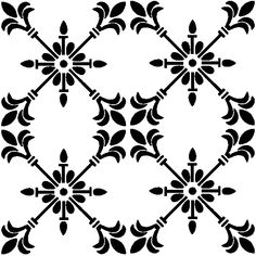 an abstract black and white pattern with stylized flowers, leaves and arrows on a white background