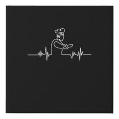 a chef is cooking on a black background with heartbeats and lines in white ink