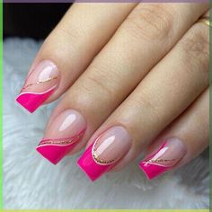 Fake Acrylic Nails, Bright Pink Nails, Glitter Tip Nails, Hot Pink Nails, Striped Nails, Pink Nail Designs, Girls Nails