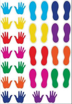 colorful footprints and hands stickers on a white background