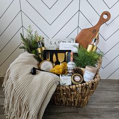 a basket filled with items sitting on top of a wooden floor