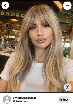 Bardot Fringe Long Hair, Dark Blonde Hair With Fringe, Long Blonde Hair With Bangs And Layers, Balayage Hair With Fringe, Fine Hair Fringe, Face Framing Fringe Bangs, Full Fringe Hairstyles, Blonde Hair With Fringe, Body Rocks