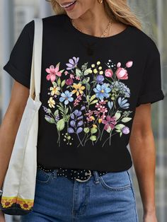 Women's wildflowers Cotton Casual T-Shirt | lilicloth Black Floral Print Casual T-shirt, Black Crew Neck T-shirt With Plant Print, Multicolor Short Sleeve T-shirt For Spring, Multicolor Graphic Tee For Spring, Multicolor Crew Neck T-shirt For Spring, Multicolor Crew Neck T-shirt With Plant Print, Black Short Sleeve T-shirt For Spring, Black Graphic Tee With Plant Print, Black Graphic Tee With Plants Print