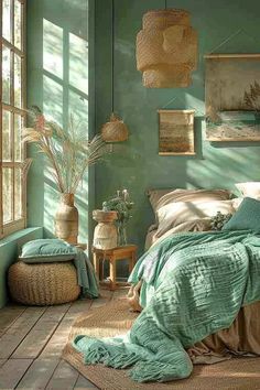 a bedroom with green walls and wicker baskets hanging from the ceiling, along with an unmade bed