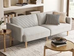 a living room with a couch, coffee table and bookshelf in the background