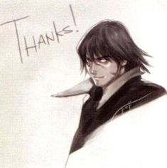 a drawing of a man with long black hair wearing a white shirt and tie that says thanks