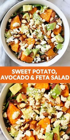 sweet potato, avocado and feta salad in a white bowl with the title above it