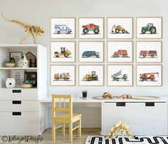 a child's room with toys and pictures on the wall