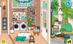 the inside of a house with plants and other things in it, including a stove top oven