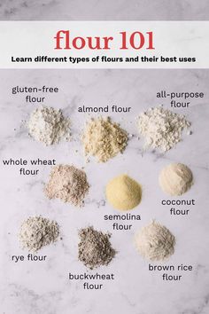 the ingredients for flour 101 on a white marble counter top with text overlay that reads flour 101 learn different types of flour and their best uses