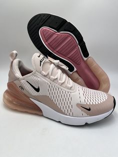 Pink Oxford Shoes, Black And White Sneakers, Gold Shoes, Nike Air Max 270, Air Max 270, Running Sneakers, Cute Shoes, Pink Black, Soft Pink