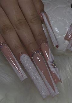 White Nails With Red Rhinestones, 2xl Nails, White Red Bottom Nails, Long Acrylic Nails White, Long Valentines Nails, White Elegant Nails, Pink Ombre Acrylic Nails, Long Nails With Gems, White Bling Acrylic Nails